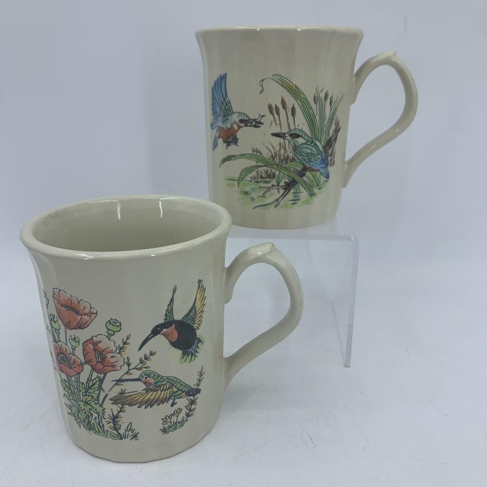 Vtg Sunnycraft Stoneware Coffee Tea Mugs Floral Hummingbirds Birds Cottage Boho